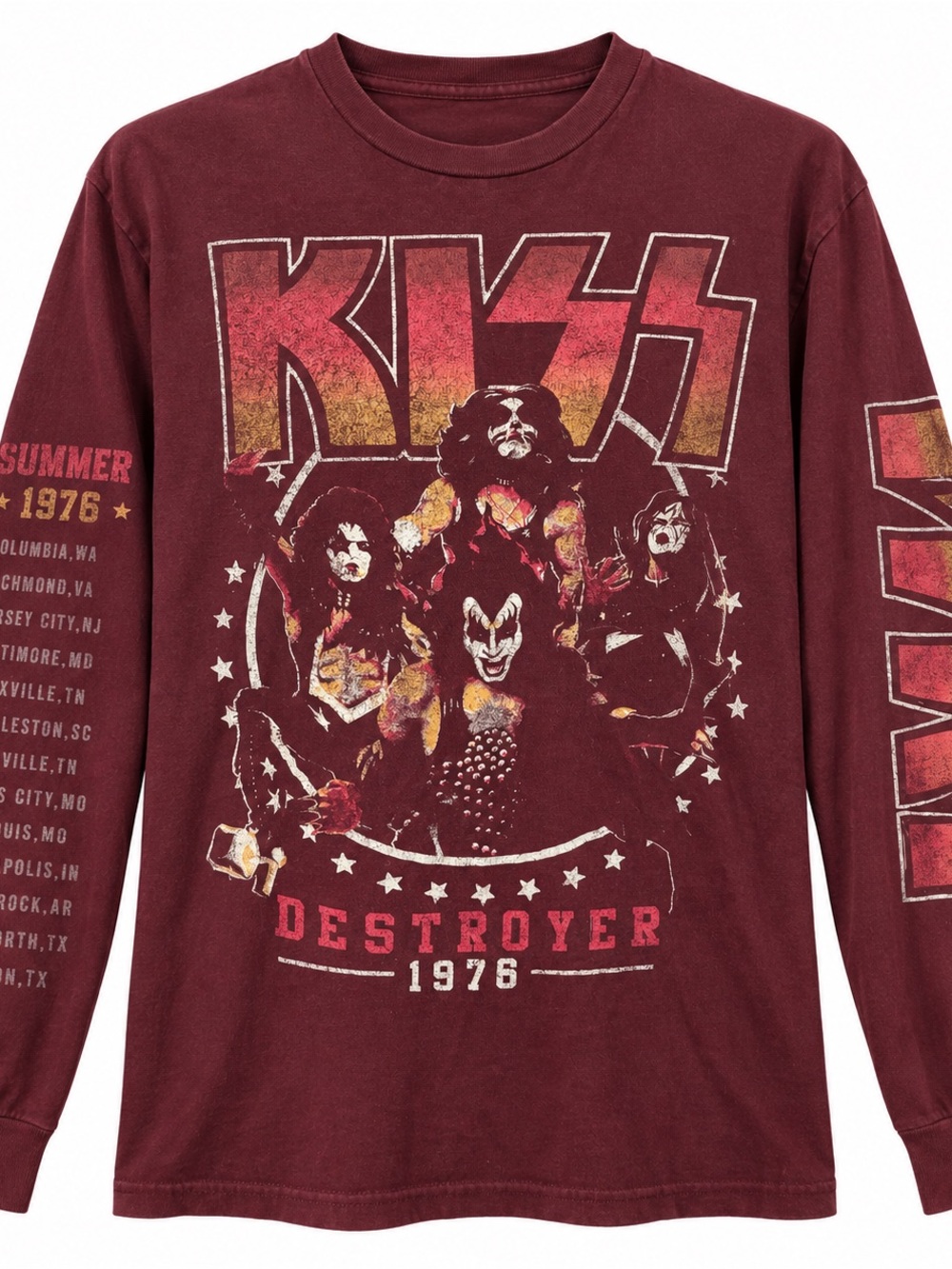 KISS Destroyer 1976 Burgundy Long Sleeve Graphic Band Tour Shirt Rock Tee